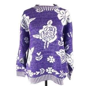 Metallic Purple White Floral Long Sleeve Sweater Glamour-Knit Vintage